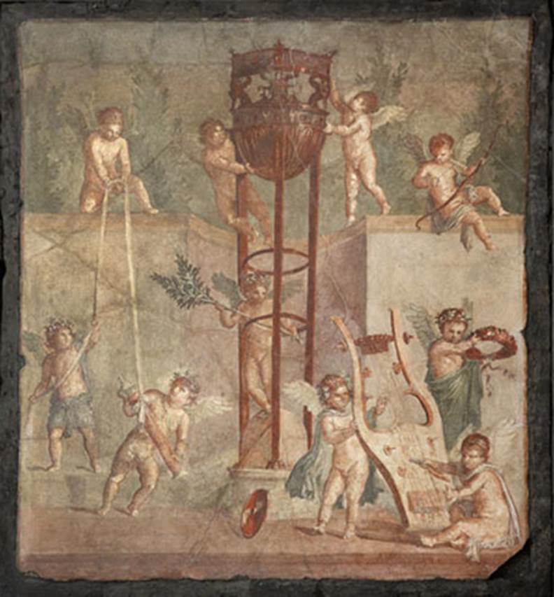 V.18/17, Herculaneum. 2013. Painting of cupids playing with the attributes of Apollo.
Found in the centre of the north wall in an upper room. 
Photo © The Trustees of the British Museum. All rights reserved. Image 01142093001.
The British Museum says this is SAP inventory number 77872.